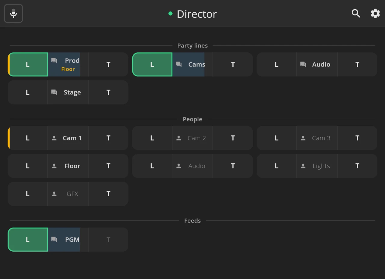 The livematrix desktop client: party line, people and feed keys in three columns, with Prod, Cams and PGM listening.